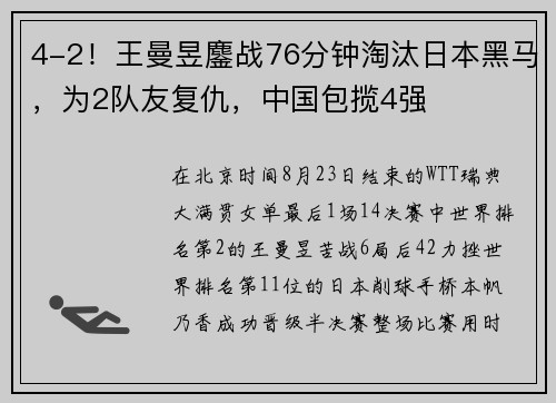 4-2！王曼昱鏖战76分钟淘汰日本黑马，为2队友复仇，中国包揽4强